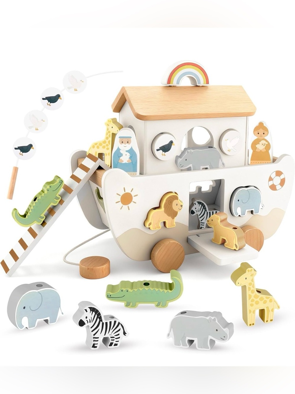 Wooden Noah's Ark Pull-Along Toy with Animal Figures - White & Natural